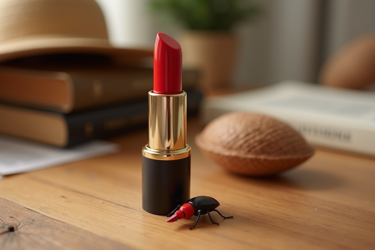 Tube de rouge à lèvres avec insecte cochenille en gros plan