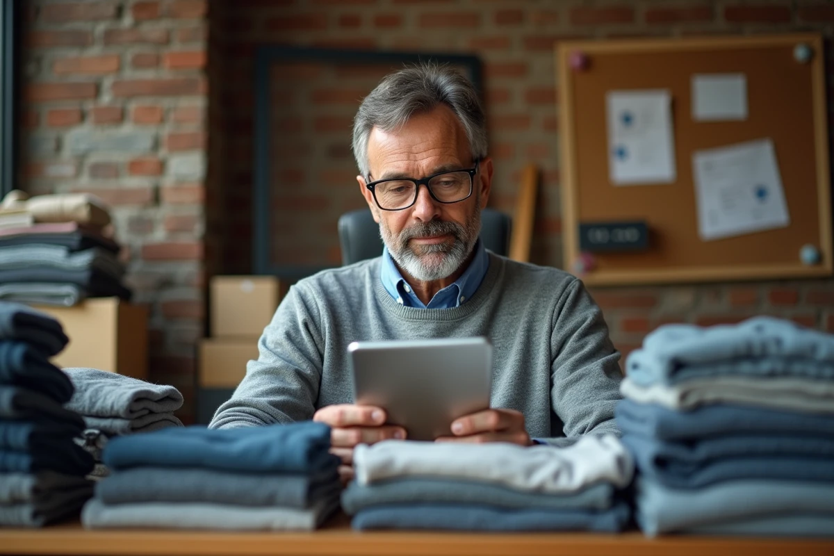 Vendeur en ligne analysant une catégorie de vêtement floue sur une marketplace, assis à son bureau entouré de vêtements triés