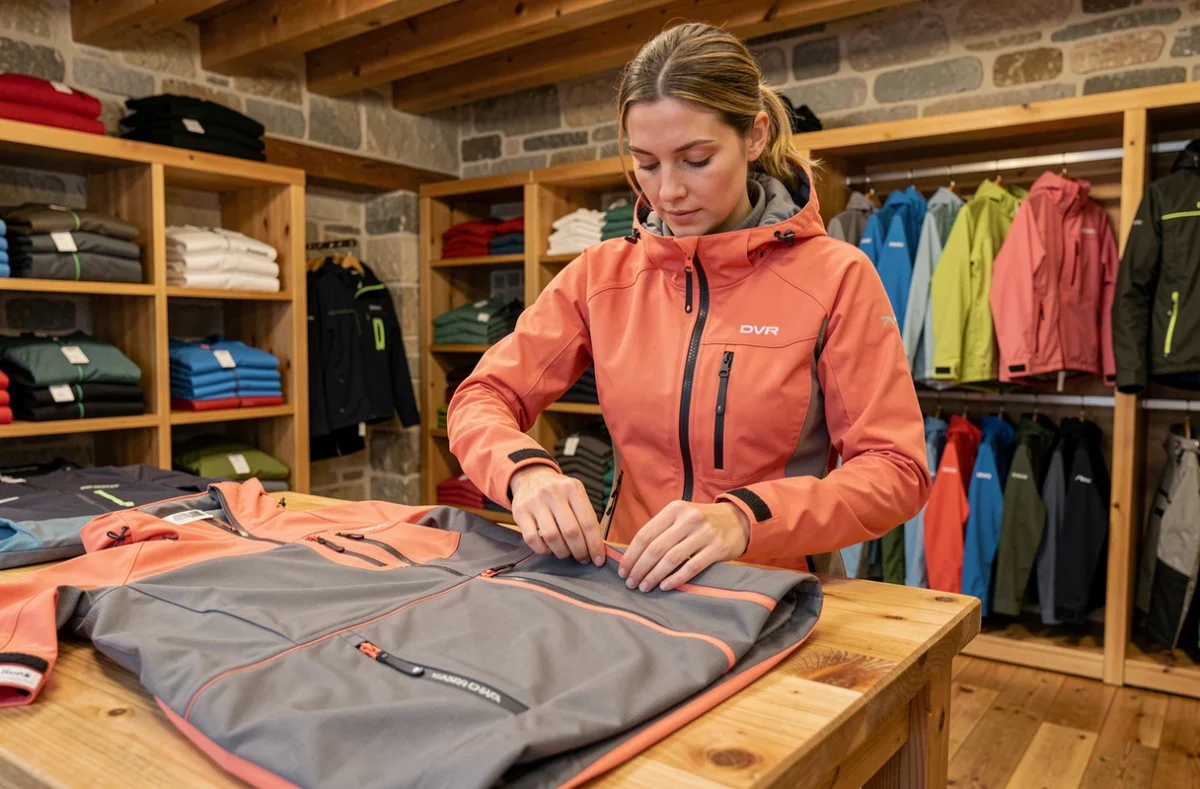 Femme inspectant les détails techniques d'une veste de ski dans un magasin de sport en montagne avec des rayonnages de vêtements en arrière-plan