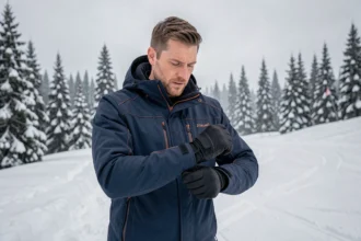 Homme en veste de ski technique haut de gamme sur une piste de montagne enneigée, ajustant ses gants avec des sapins enneigés en arrière-plan