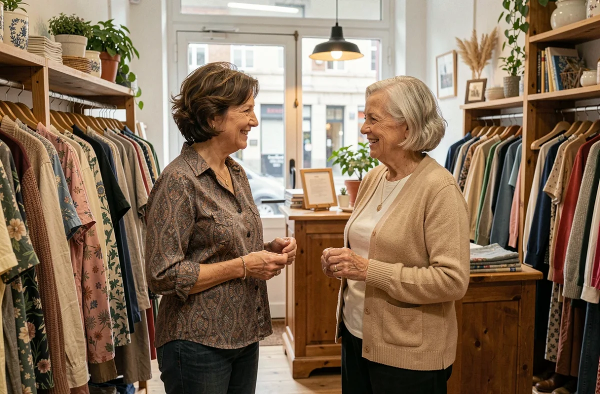 Cliente et propriétaire d'une boutique locale de prêt-à-porter Cahouzart dans l'Aisne discutant d'un vêtement