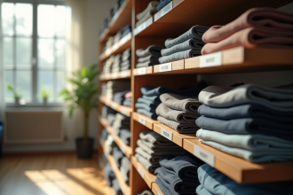 Vêtements organisés sur étagères en bois avec étiquettes