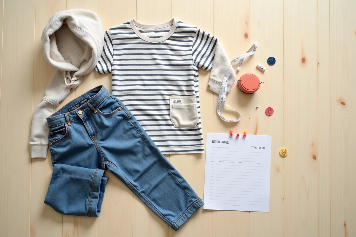 Vêtements taille 116 pliés avec un mètre ruban et une liste d'achats sur une table en bois, vue de dessus
